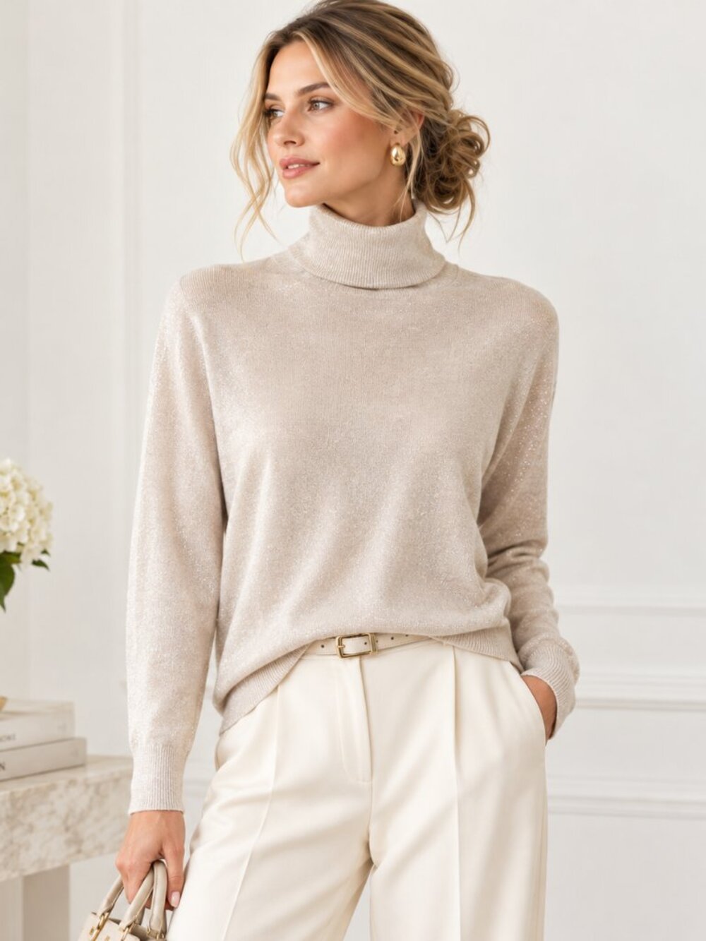WYSE London Remi Womens Beige Silver Metallic Wool Sweater S High Neck Ethereal